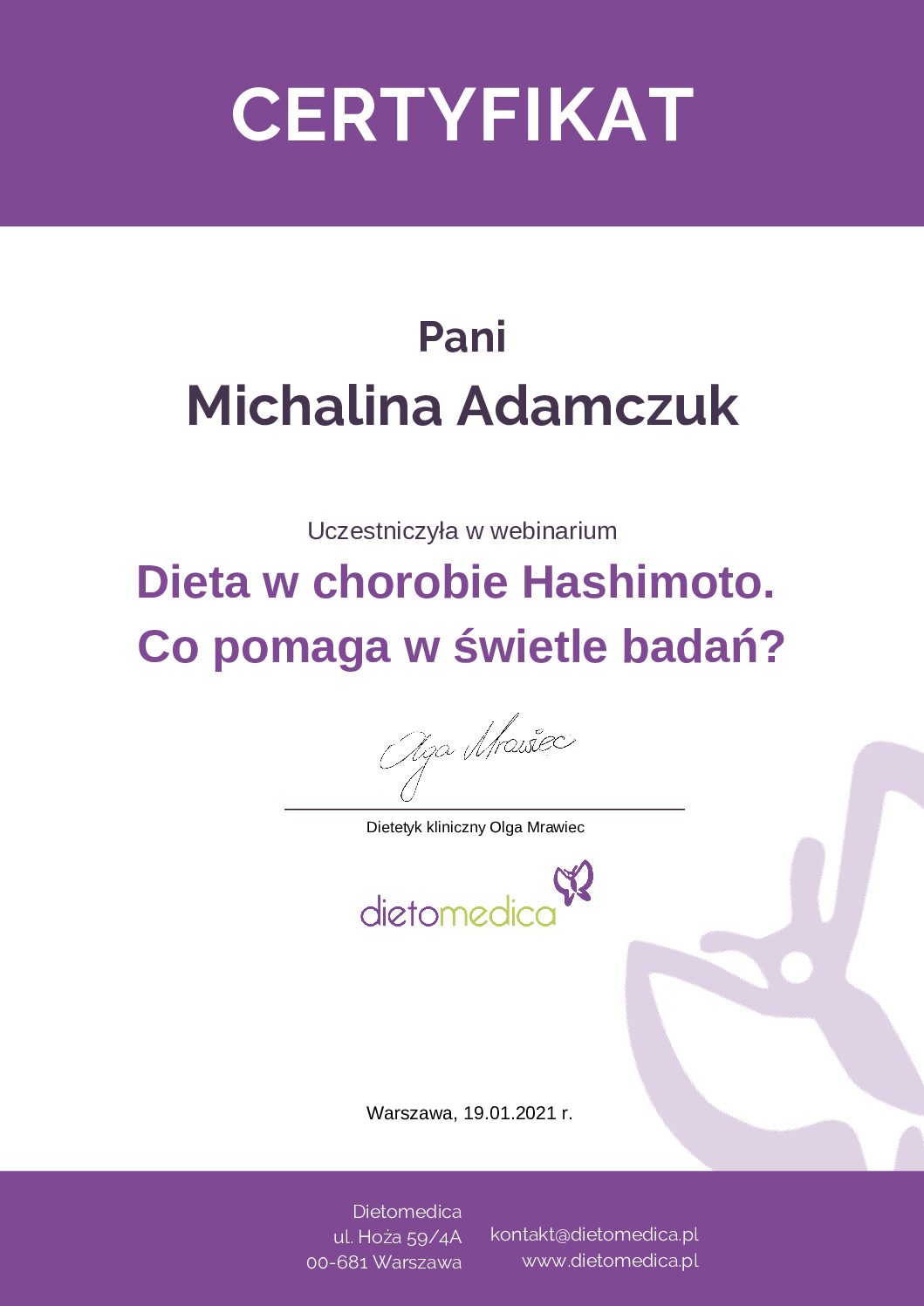Certyfikat dietetyk choroba Hashimoto