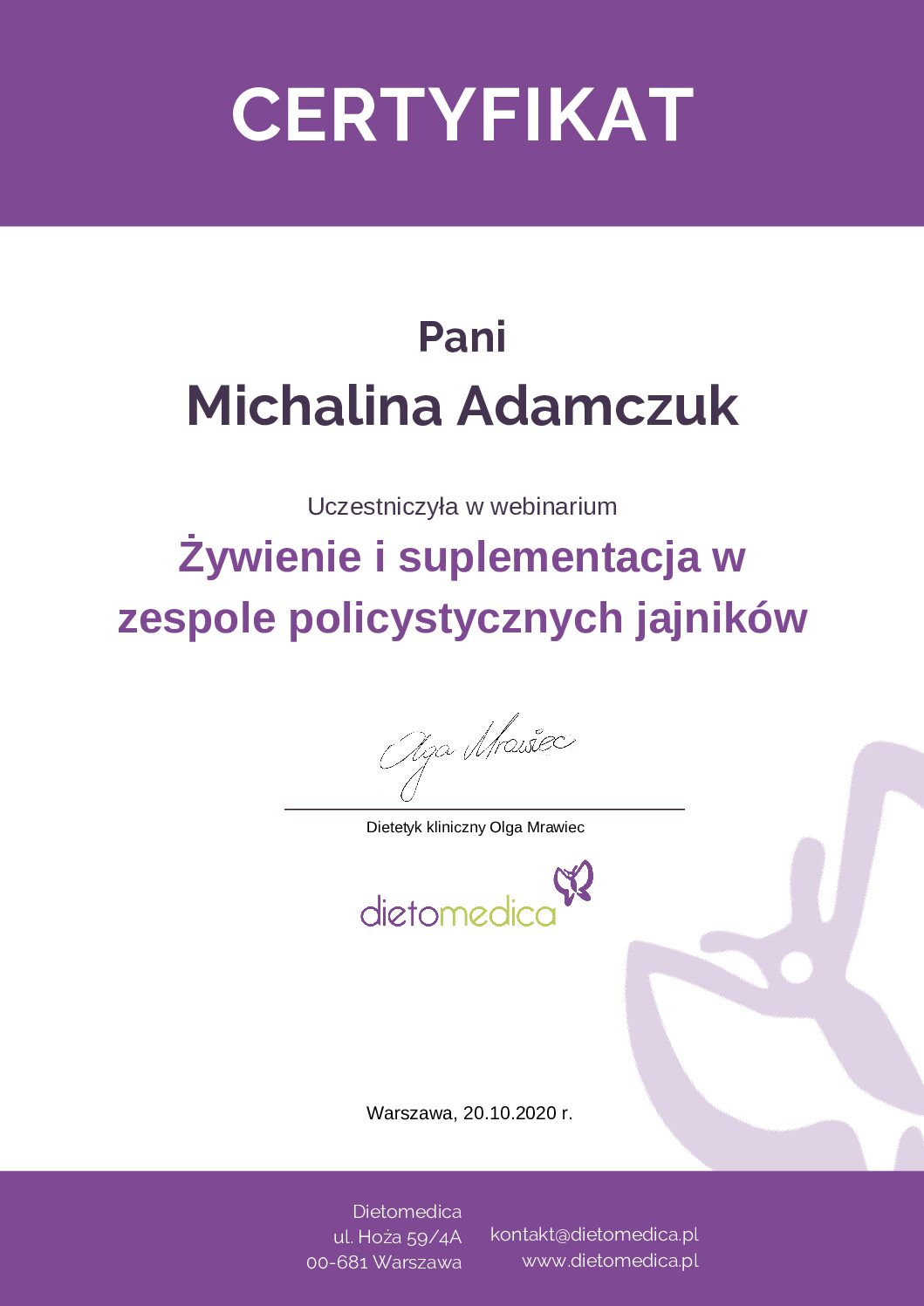 Certyfikat dietetyk  PCOS