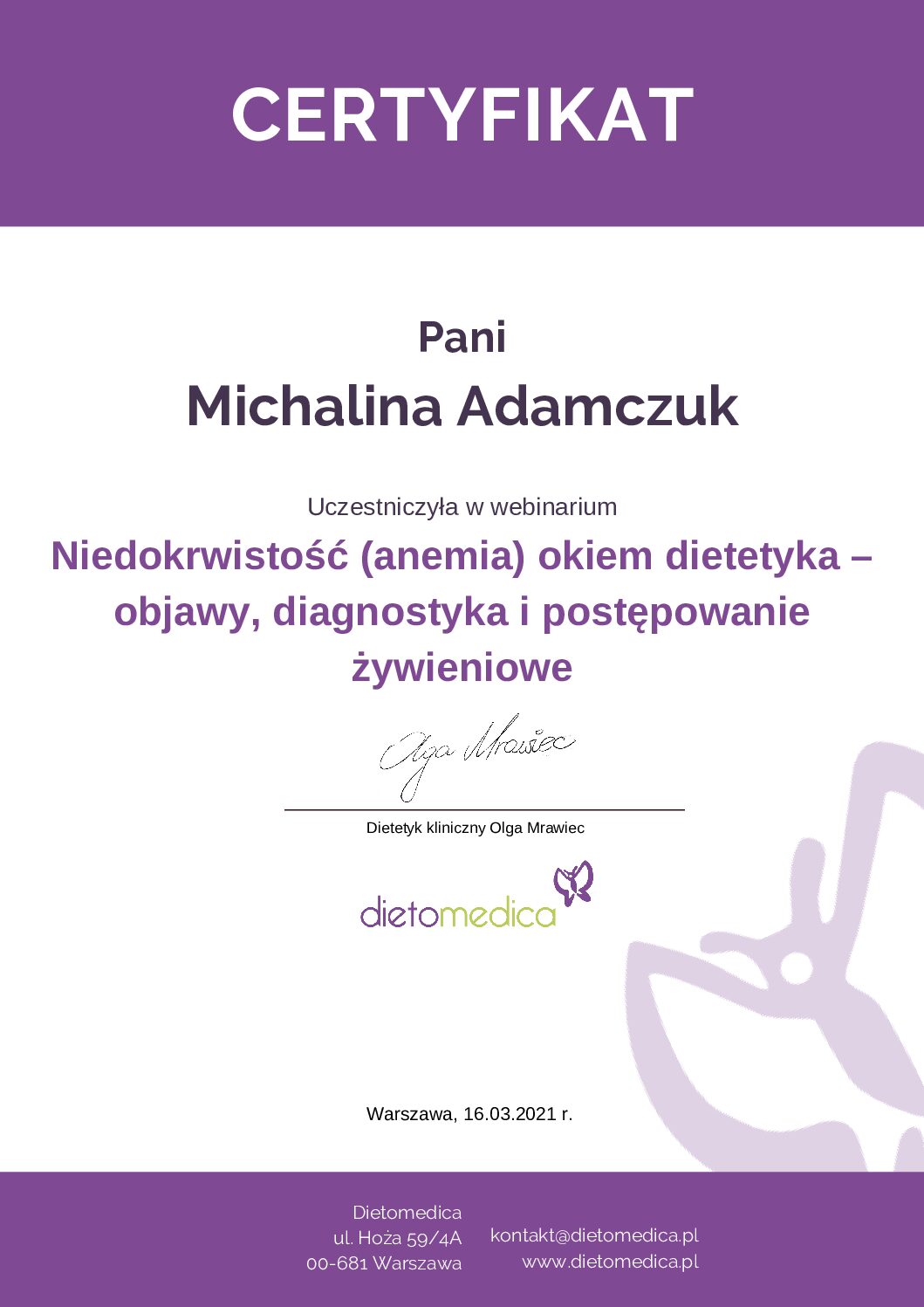 Certyfikat dietetyk anemia