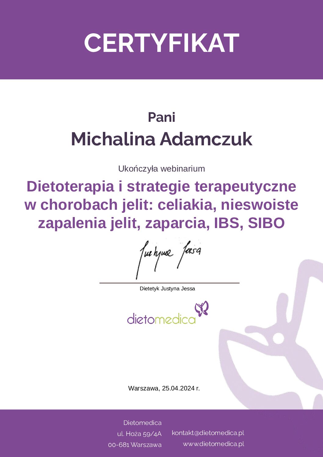 Certyfikat dietetyk SIBO, celiakia, IBS