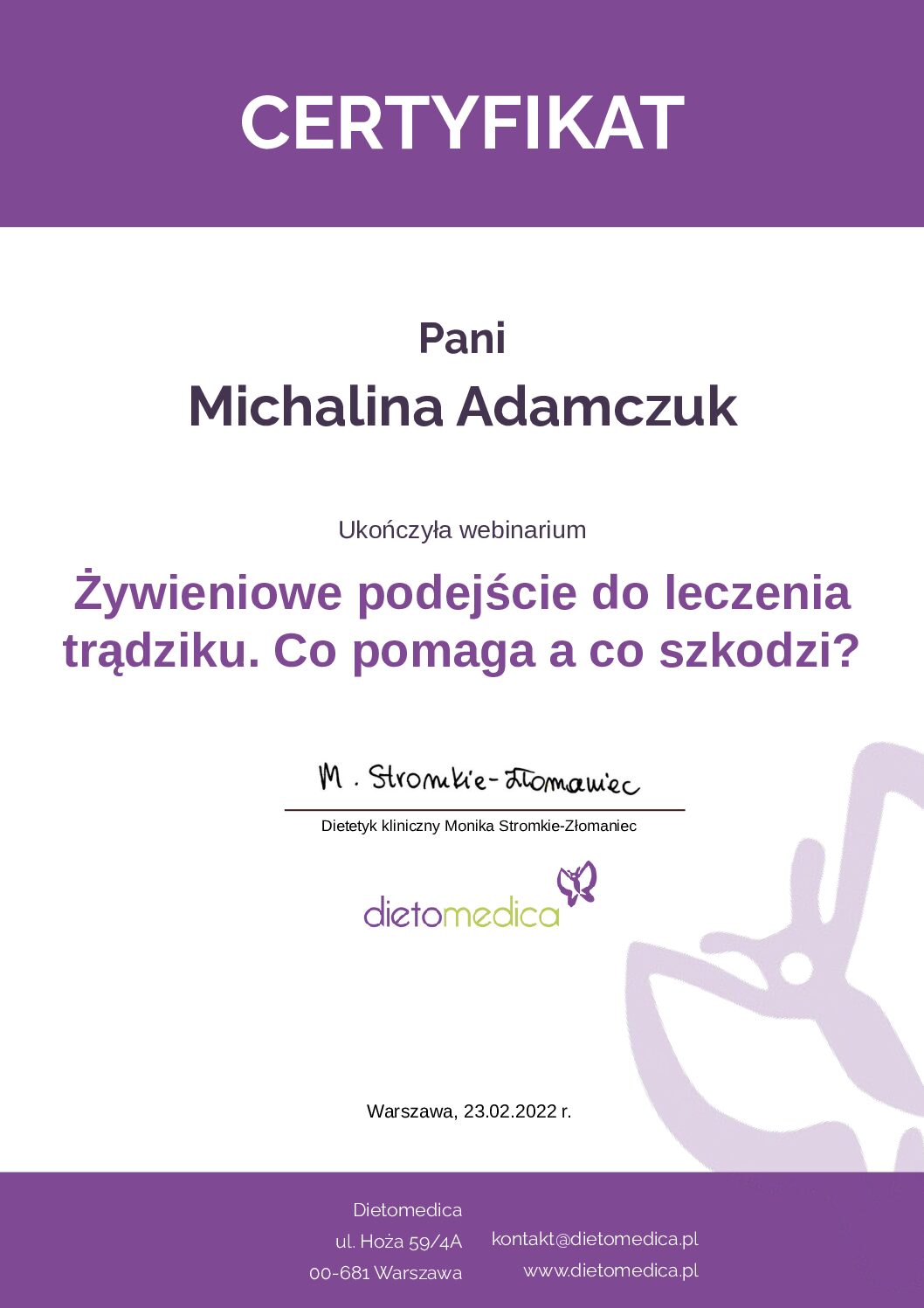 Certyfikat dietetyk trądzik